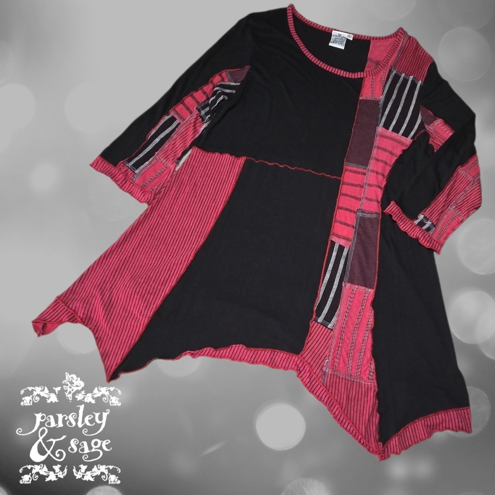 Parsley & Sage Tunic Womens Patchwork Lagenlook Asymmetric Hem Black Red Medium